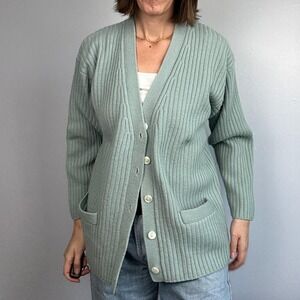 Banana Republic Vintage Womens Cardigan Sweater M Merino Wool Green Ribbed Knit